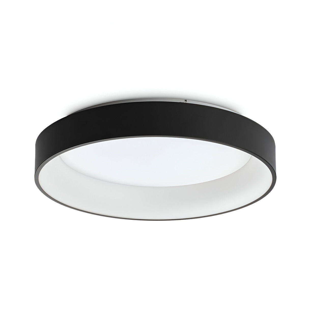 The Fluxis LED Flush Ceiling Light - Black, 60cm features a round modern design with a black outer ring and a white center diffuser, offering energy-efficient lighting and soft, even illumination that enhances modern aesthetics.
