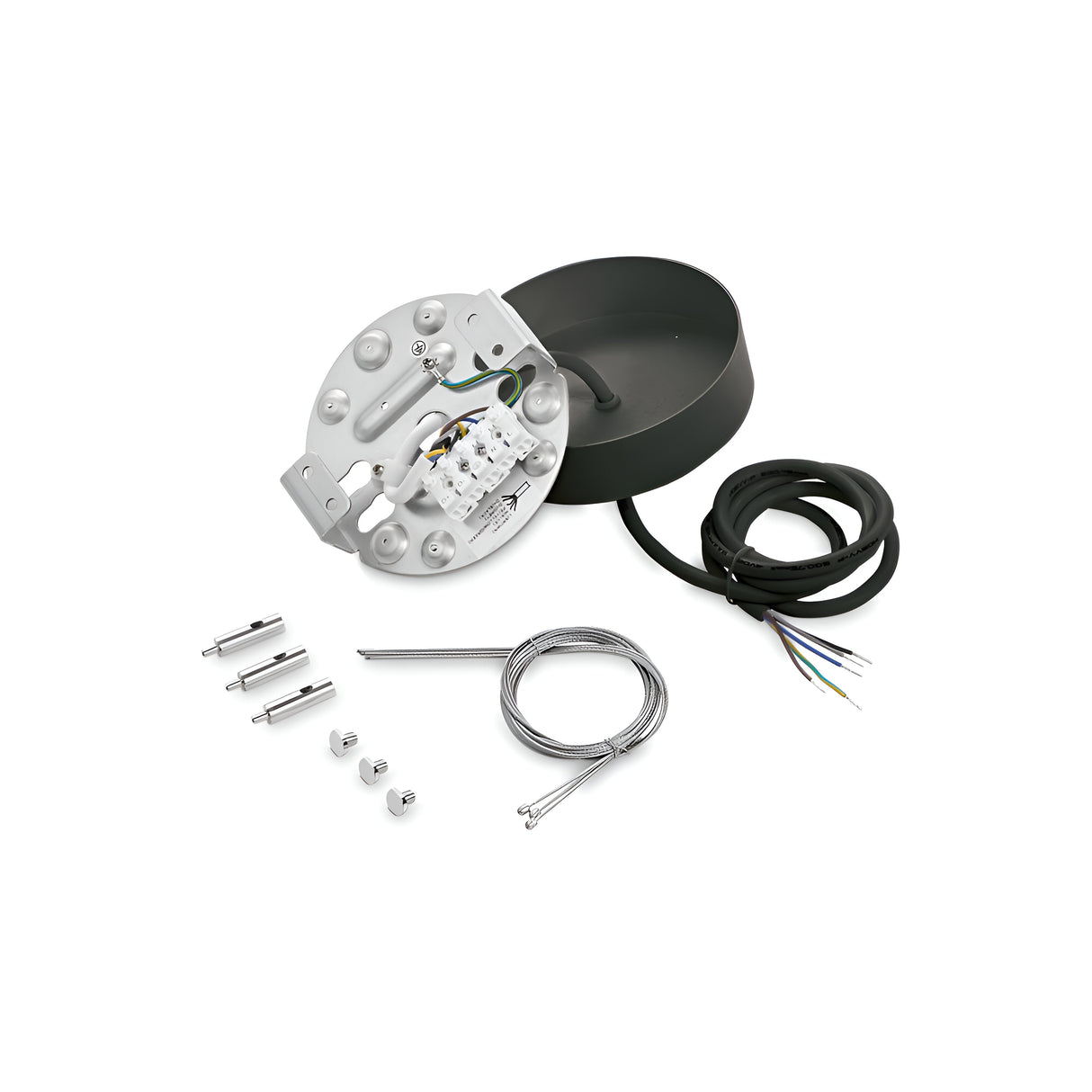 Photo of the Ceiling Light Installation Kit With Mounting Plate And Wiring - Black, displaying a metal canopy, mounting plate with wiring, screws, cable ties, and a black insulated wire with exposed ends, all arranged on a white background.