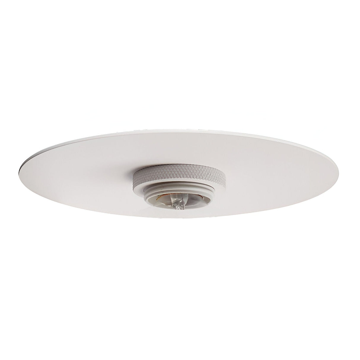 The Arion Ceiling Lampshade/Rose in white features a modern circular design with a central silver accent, elegantly showcased against a plain white background.