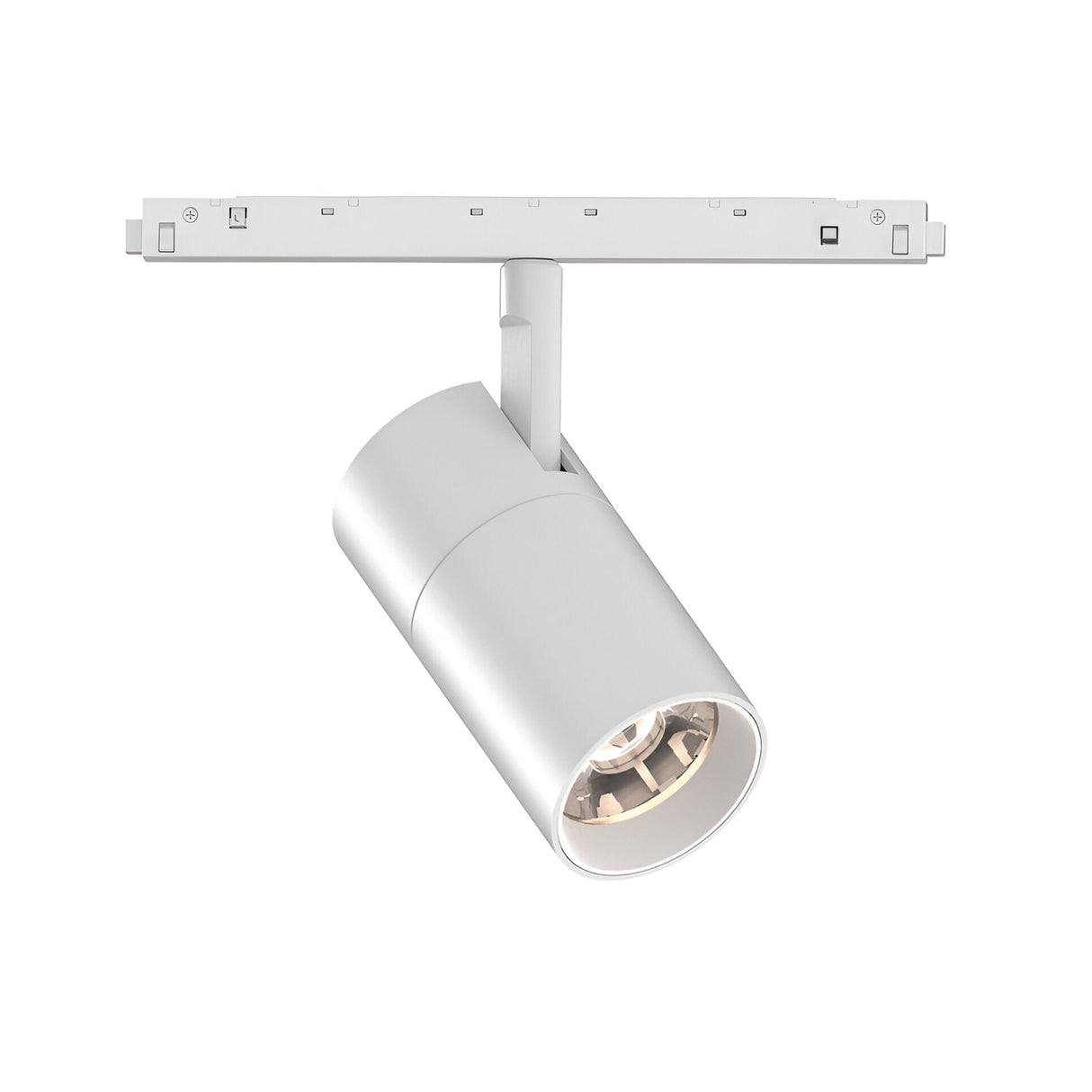 The Luxeon Dimmable LED Magnetic Track Spotlight 26W 3000K in white features a sleek, modern cylindrical design and is attached to a rectangular, white magnetic track system. This fixture includes energy-efficient Luxeon LED spotlights that direct dimmable lighting downward, enhancing its contemporary aesthetic.