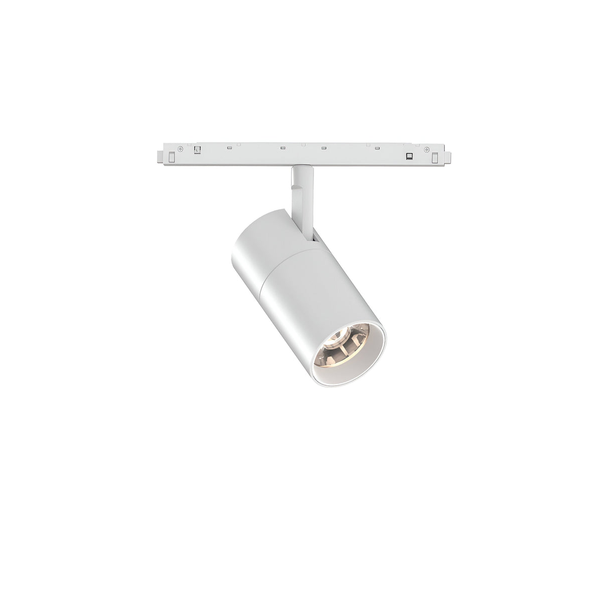 The Luxeon LED Magnetic Track Spotlight 19W 3000K - White is a silver track light fixture mounted on a white track. It features a cylindrical light housing directed downward, delivering energy-efficient lighting with a modern, sleek design suitable for various needs.