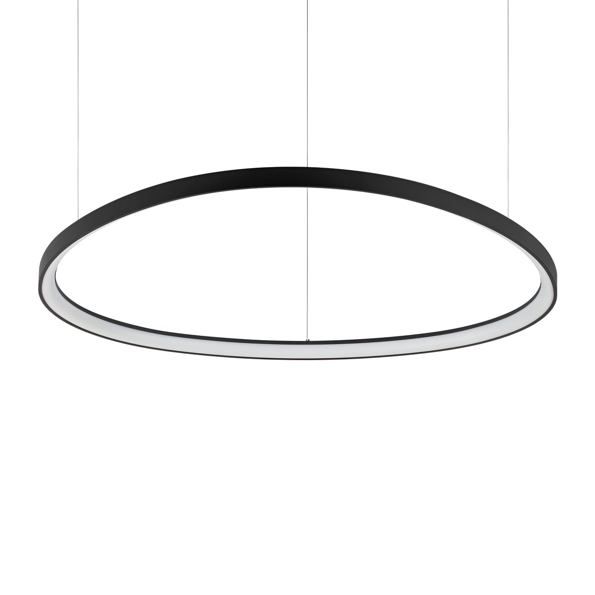 The Zephra LED Light Suspension 55W 3000K - Black, 105cm is a modern circular pendant with a black frame and white diffuser, showcasing a sleek minimalist design elegantly suspended by thin cables against a simple white backdrop.