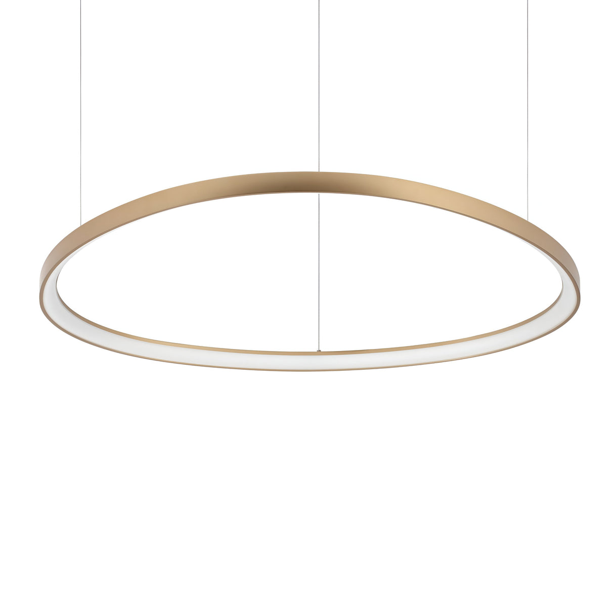 The Zephra LED Light Suspension 55W 3000K - Brass, 105cm, features a sleek and modern circular design with a thin satin brass frame suspended from the ceiling by two delicate wires. Its interior emits a soft, warm glow, epitomizing elegance and minimalist style in contemporary lighting.