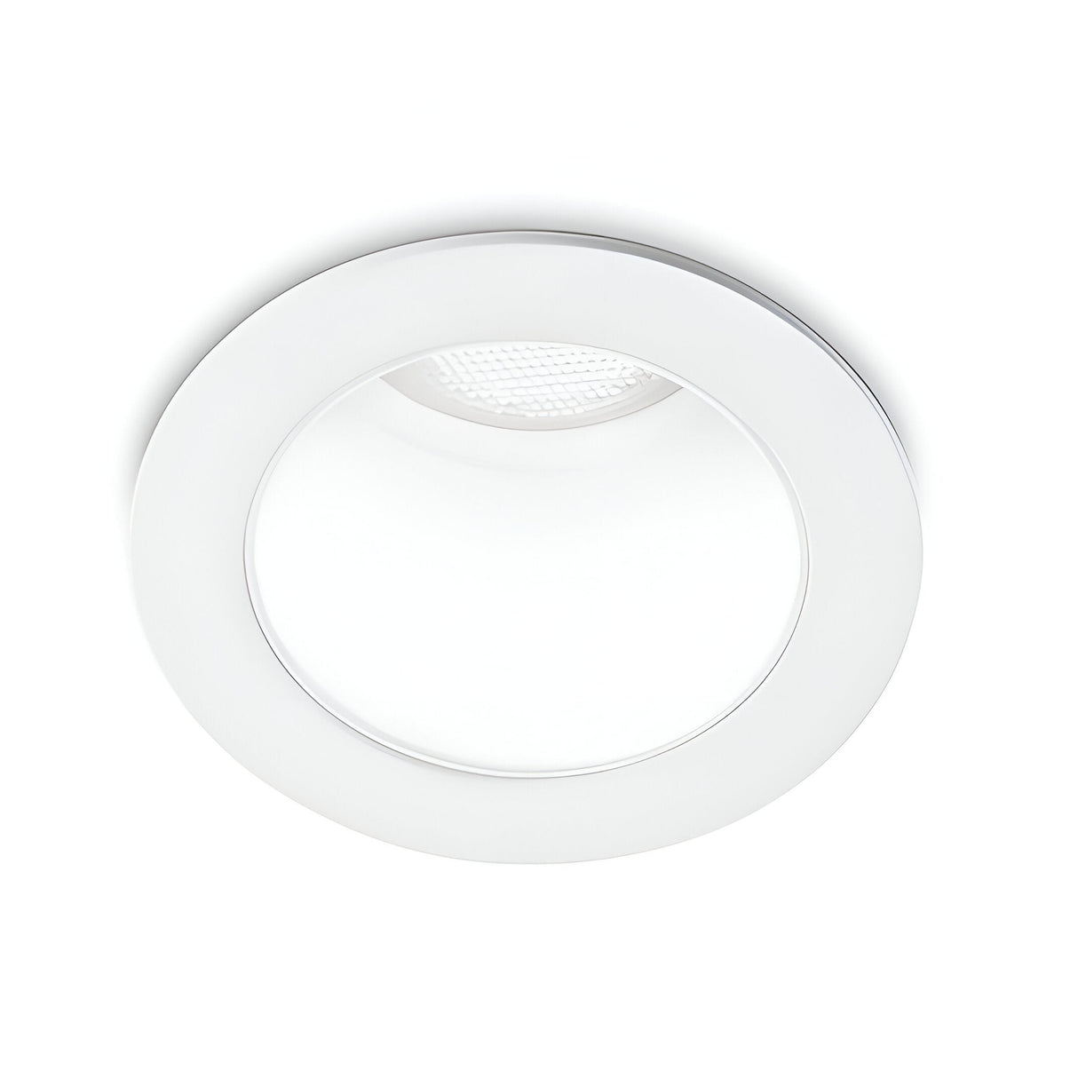 A close-up of the Clarion LED Recessed Downlight showcases its modern and circular white design with a sleek, minimalist aesthetic. This 5W downlight features a smooth outer ring and a textured center section for bulb housing, delivering energy-efficient lighting in warm 3000K tones and boasting a high CRI90 rating.