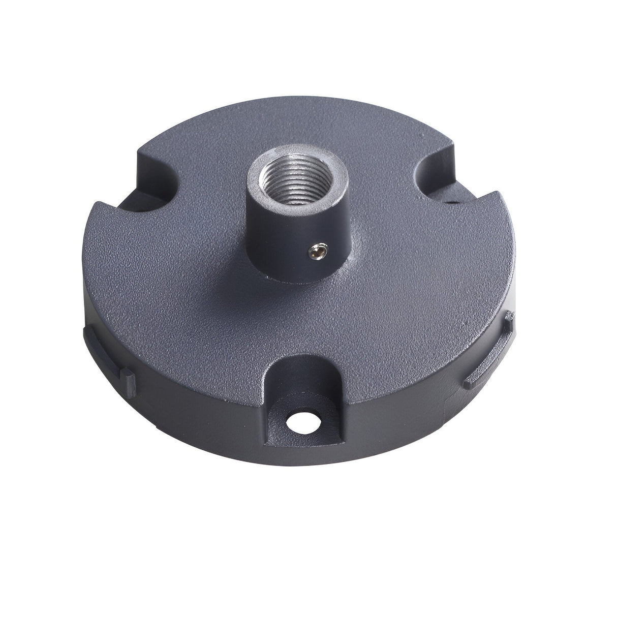 The Arcera Base For Floor Lamp - Grey is a round, gray metal mounting base featuring a central threaded hole and three smaller cutouts around the edge. It offers a sleek grey finish and is perfect for contemporary interiors, making it ideal for securing a floor lamp base or other devices to a surface.