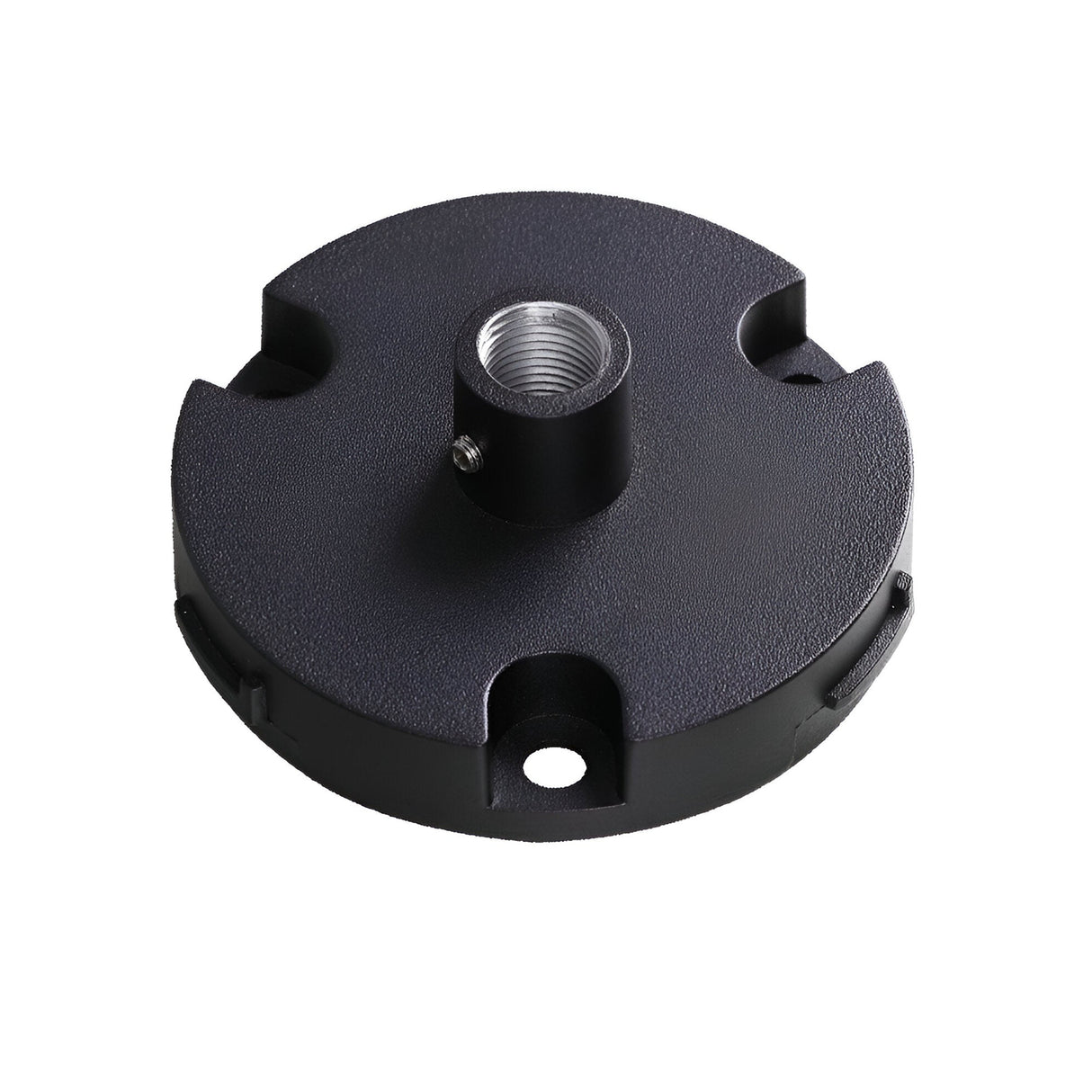 The Arcera Base for Floor Lamp in black is a round mount designed with notches and a central threaded hole for secure device attachment. It is crafted from durable materials, featuring a textured black finish and an additional small side hole for versatile mounting options.