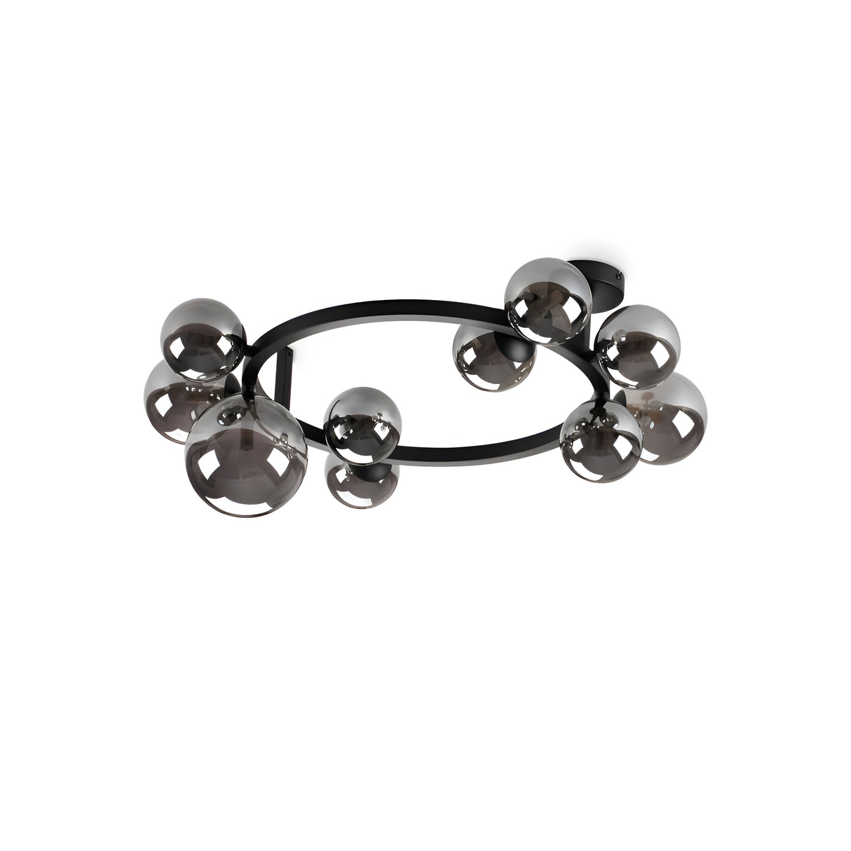 The Solana 10 Light Ceiling Light - Black is a black ceiling fixture with a sleek circular frame and multiple round, reflective glass bulbs arranged in an asymmetrical pattern, epitomizing modern lighting.