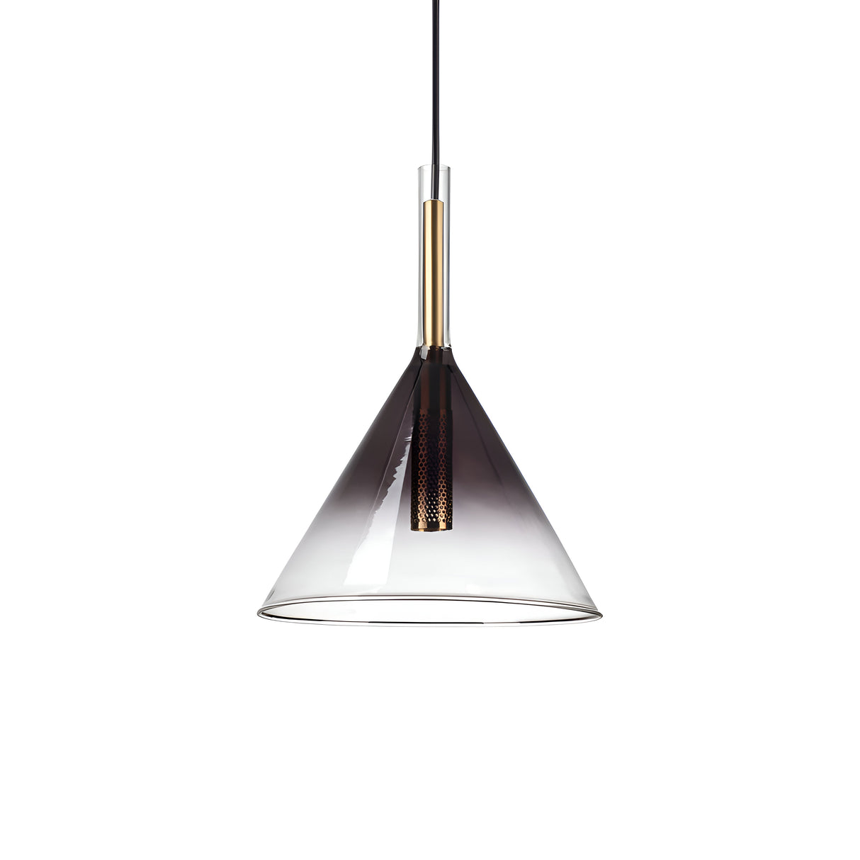 The Empire-1 1 Light Glass Pendant - Black features a sleek, conical smoky gray glass shade suspended by a black cord. This modern design includes a dimmable feature and incorporates a gold-toned metallic element inside, adding an elegant touch.