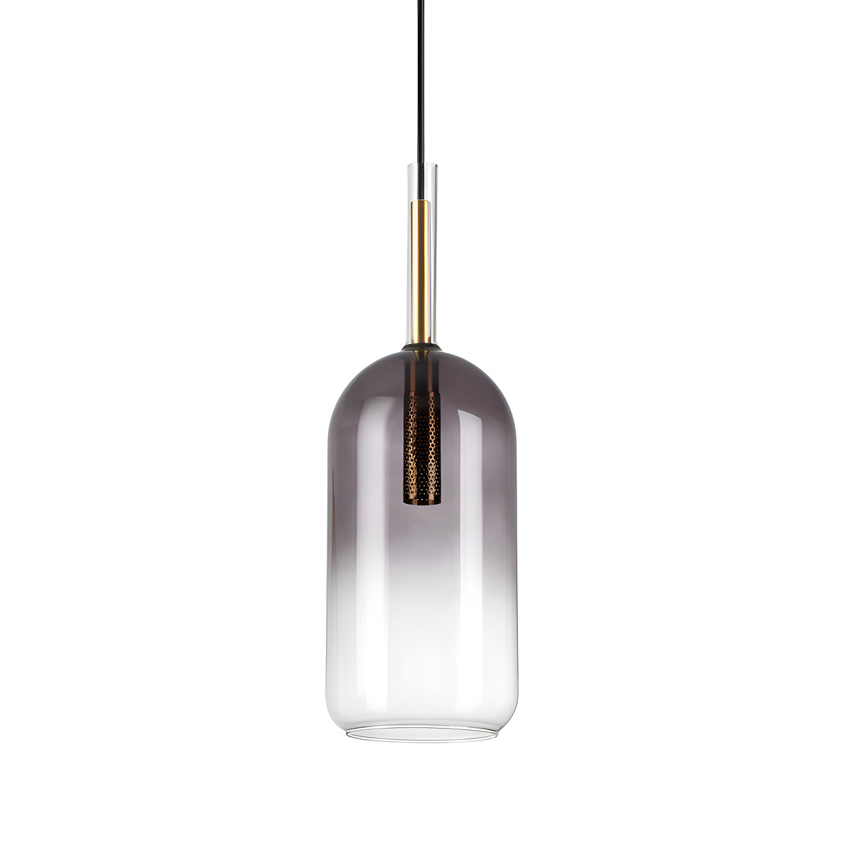 The Empire-2 1 Light Glass Pendant - Black features a cylindrical glass shade transitioning from smoky grey to clear, compatible with E27 bulbs, and is accented with brass details and a black cord, all set against a white backdrop.