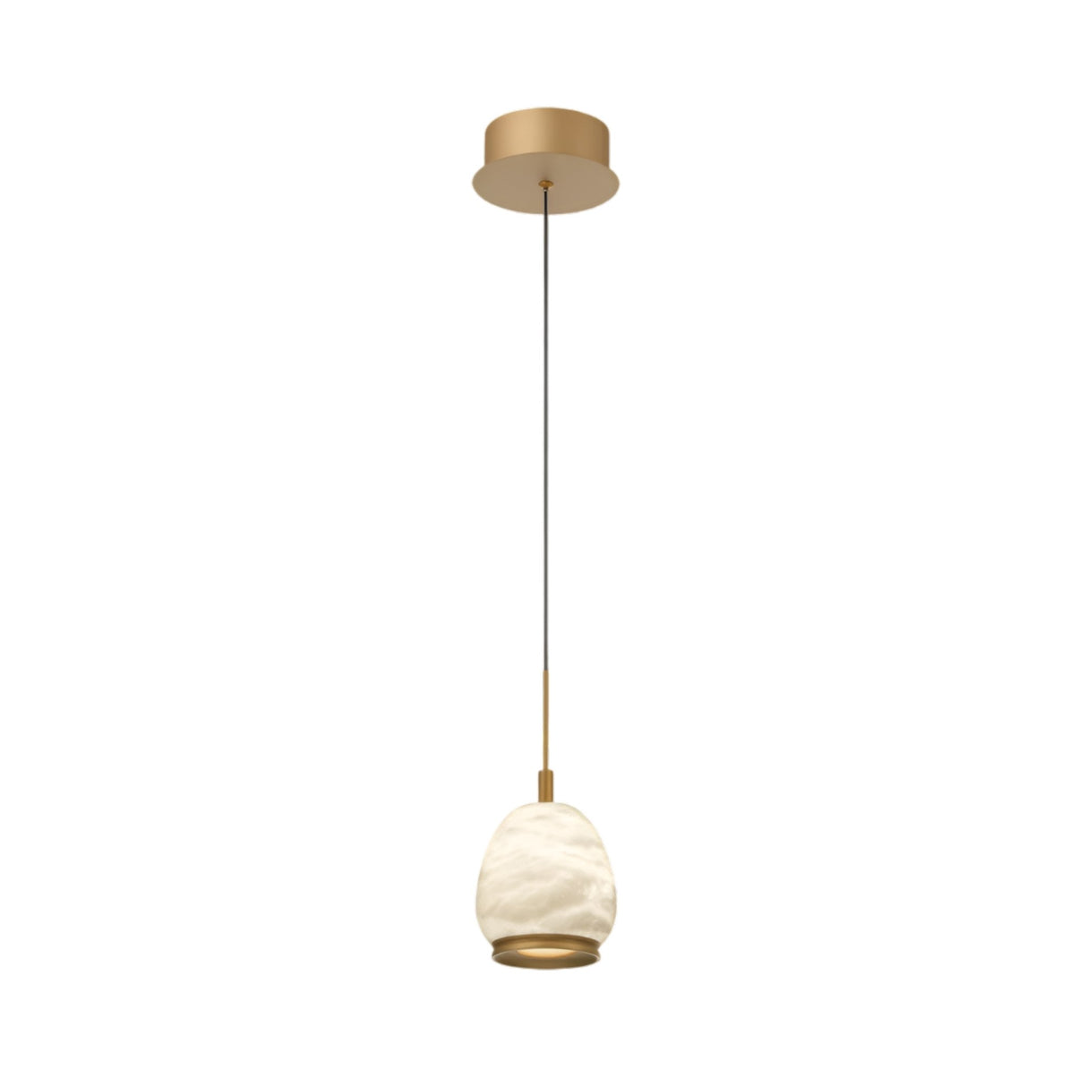The Aurevia LED Drop Alabaster Single Pendant Light features a brushed brass ceiling mount, a hanging cord, and a rounded alabaster glass shade with a brushed brass rim.