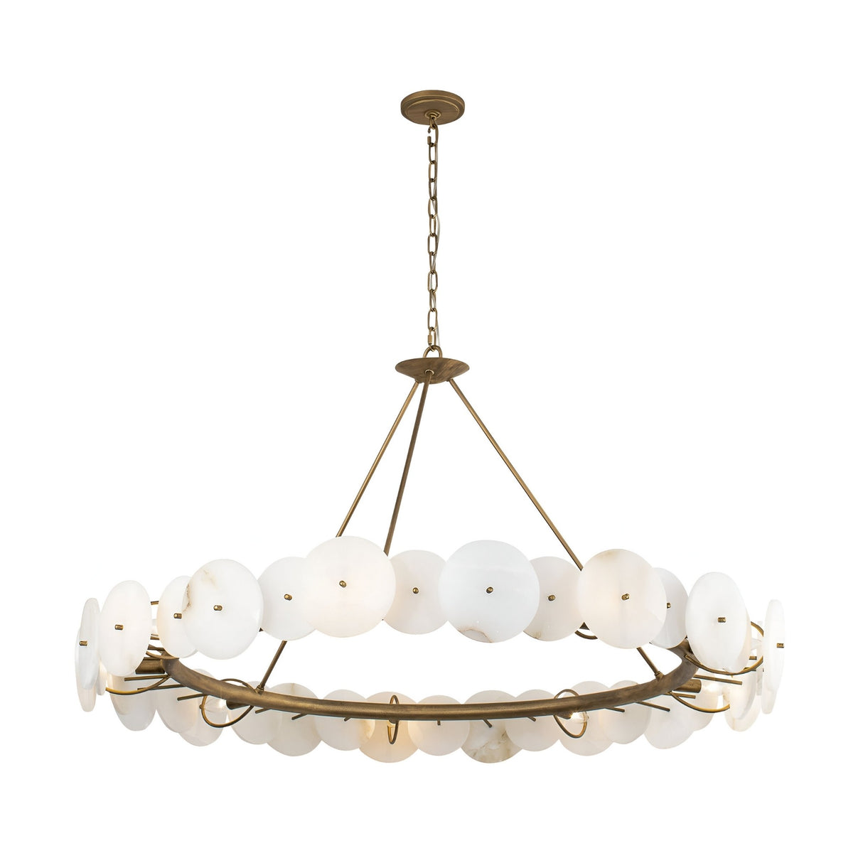 The Solaryn LED Linear Disc Alabaster Chandelier in Soft White & Brass features a circular frame with rods and chain suspension, showcasing multiple evenly spaced round alabaster discs for a modern, elegant glow.