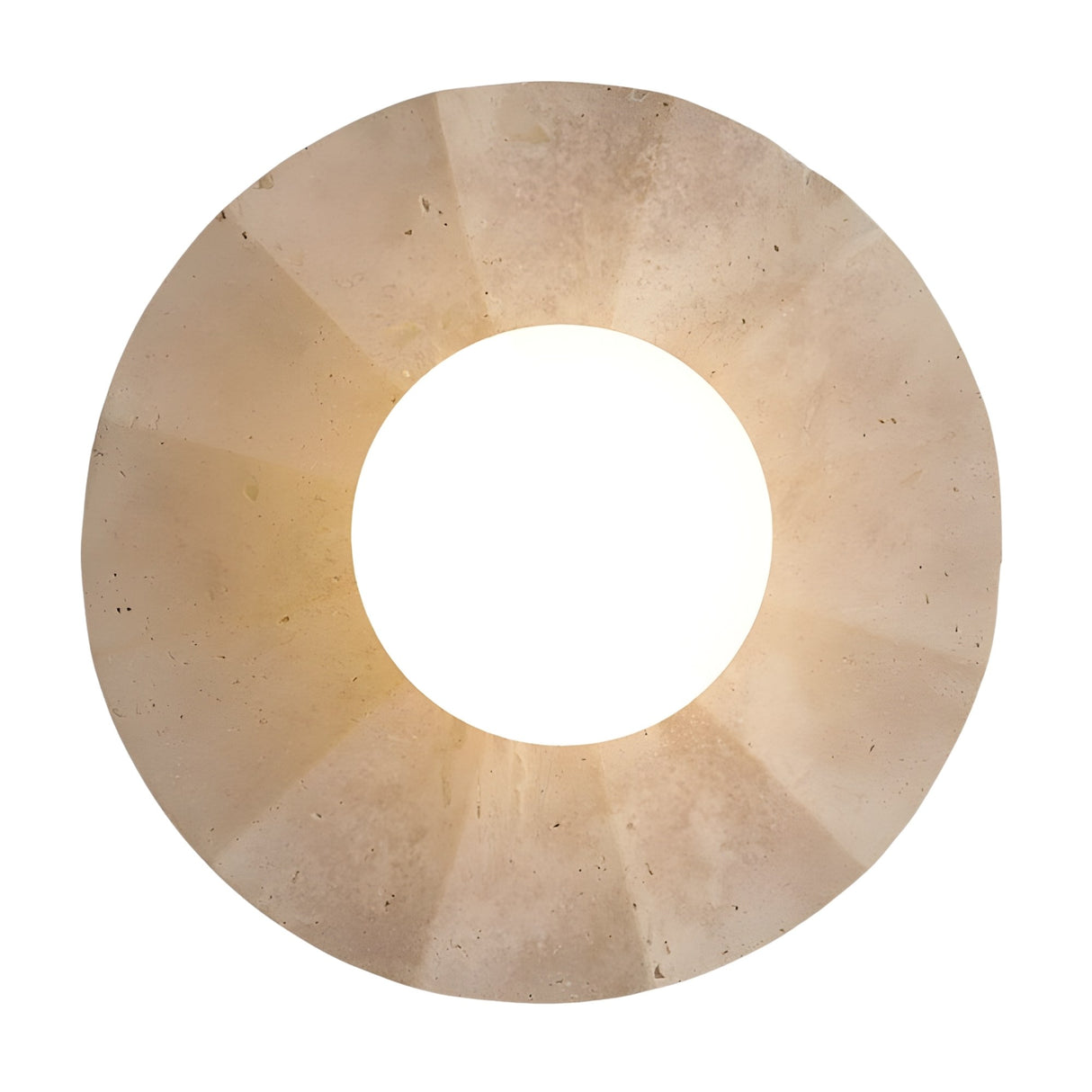 The Caldera 1 Light Large Disc Travertine Wall Light in light beige, featuring a circular shape with a smooth travertine finish and central hole, is displayed against a white background.