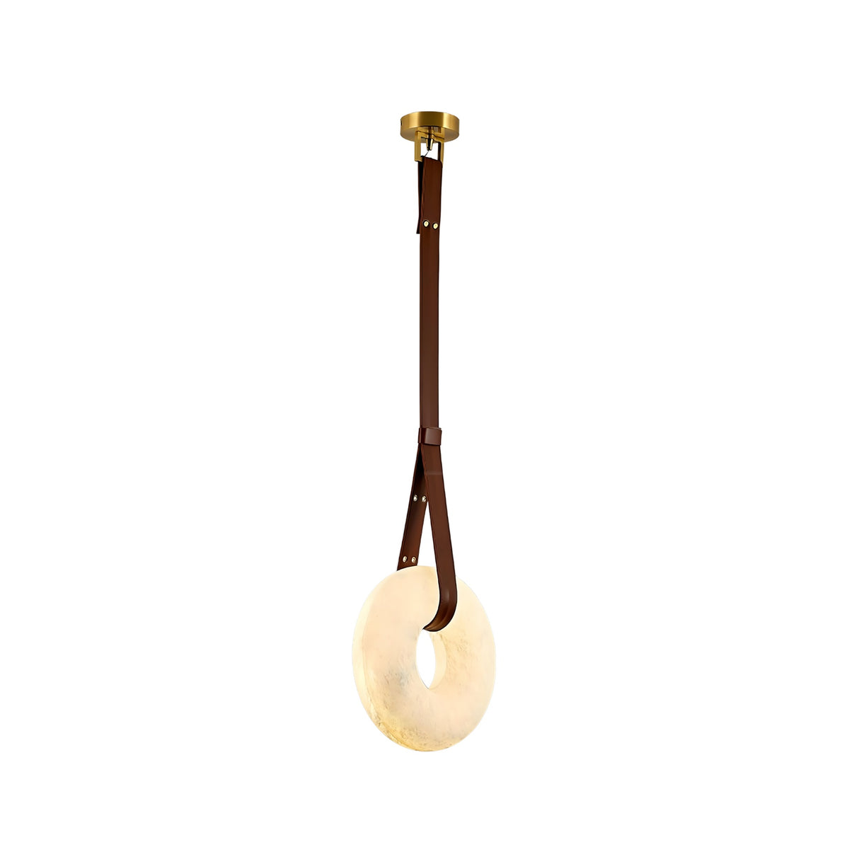 The Cintura LED Small Alabaster Single Pendant Light in soft white and brown features a circular, stone-like ring suspended by brown leather straps from a brass ceiling mount—ideal for sophisticated interior lighting.