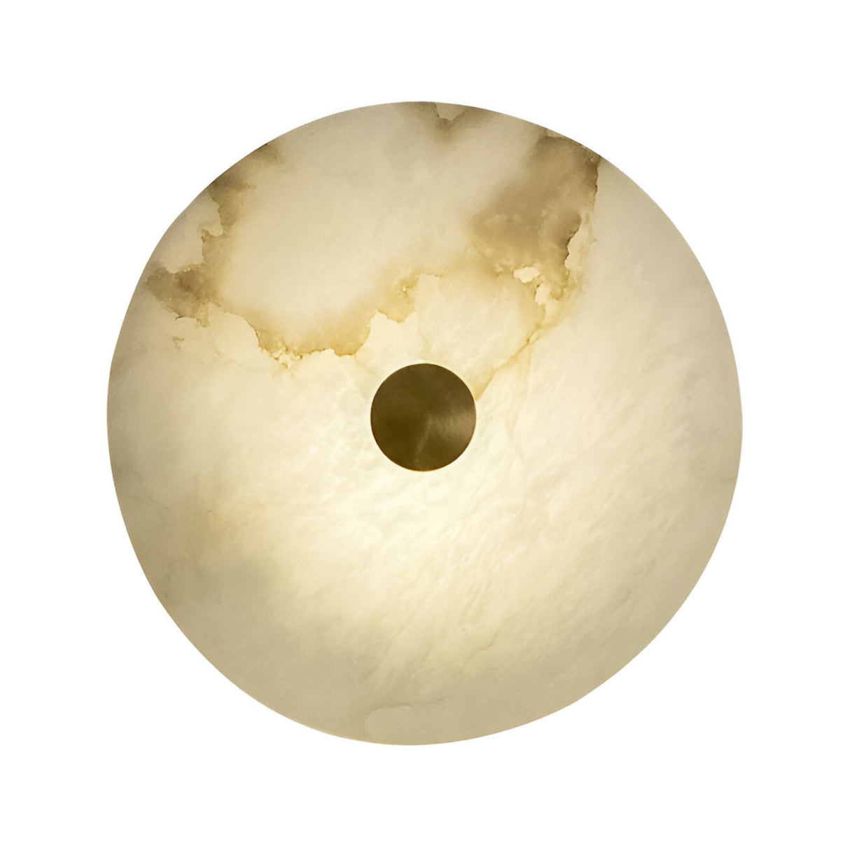 The Caldrisa LED Large Circular Plate Alabaster Wall Light features soft white Spanish alabaster with brushed brass accents, offering a marble-like glow and elegant creamy white and brownish tones.