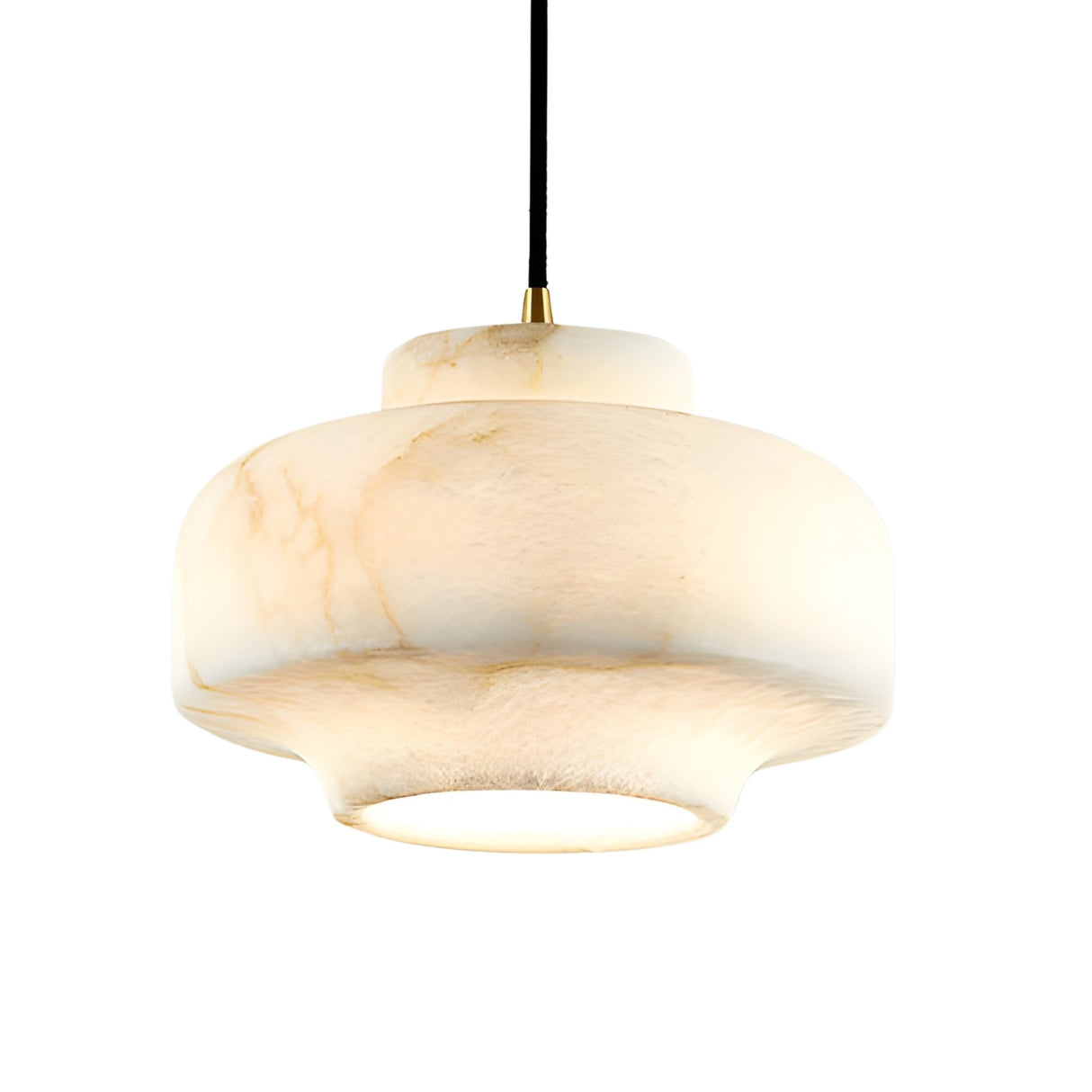 The Doreth 1 Light Large Dome Alabaster Single Pendant Light in soft white and brushed brass features a smooth, marble-patterned shade suspended from a black cord against a plain white background.