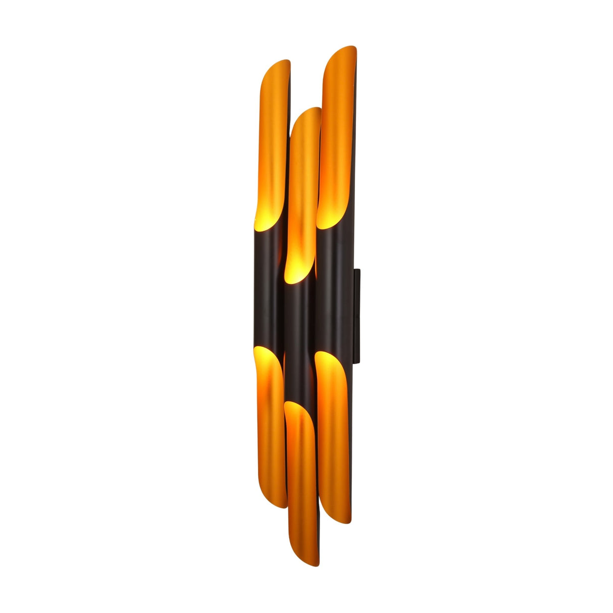 The Stealth 6 Light Wall Light in brass and black features vertical, curved panels that emit a warm yellow glow—delivering an elegant, architectural accent to your wall.