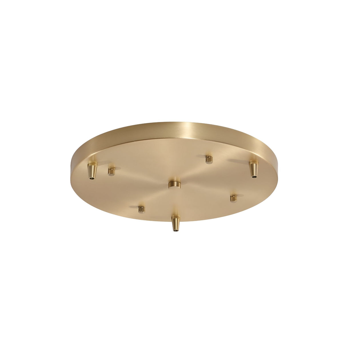 The Nalyra 30cm Round Canopy in natural brass features five small mounting connectors. Its gold-toned, brass-like finish creates a striking contrast against a plain white background.
