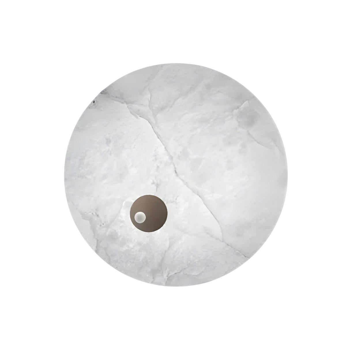 The Selvana LED Small Alabaster Wall Light in soft white features a round, marble-like design with gray veining and a small circular cutout near the edge, shown against a plain white background.