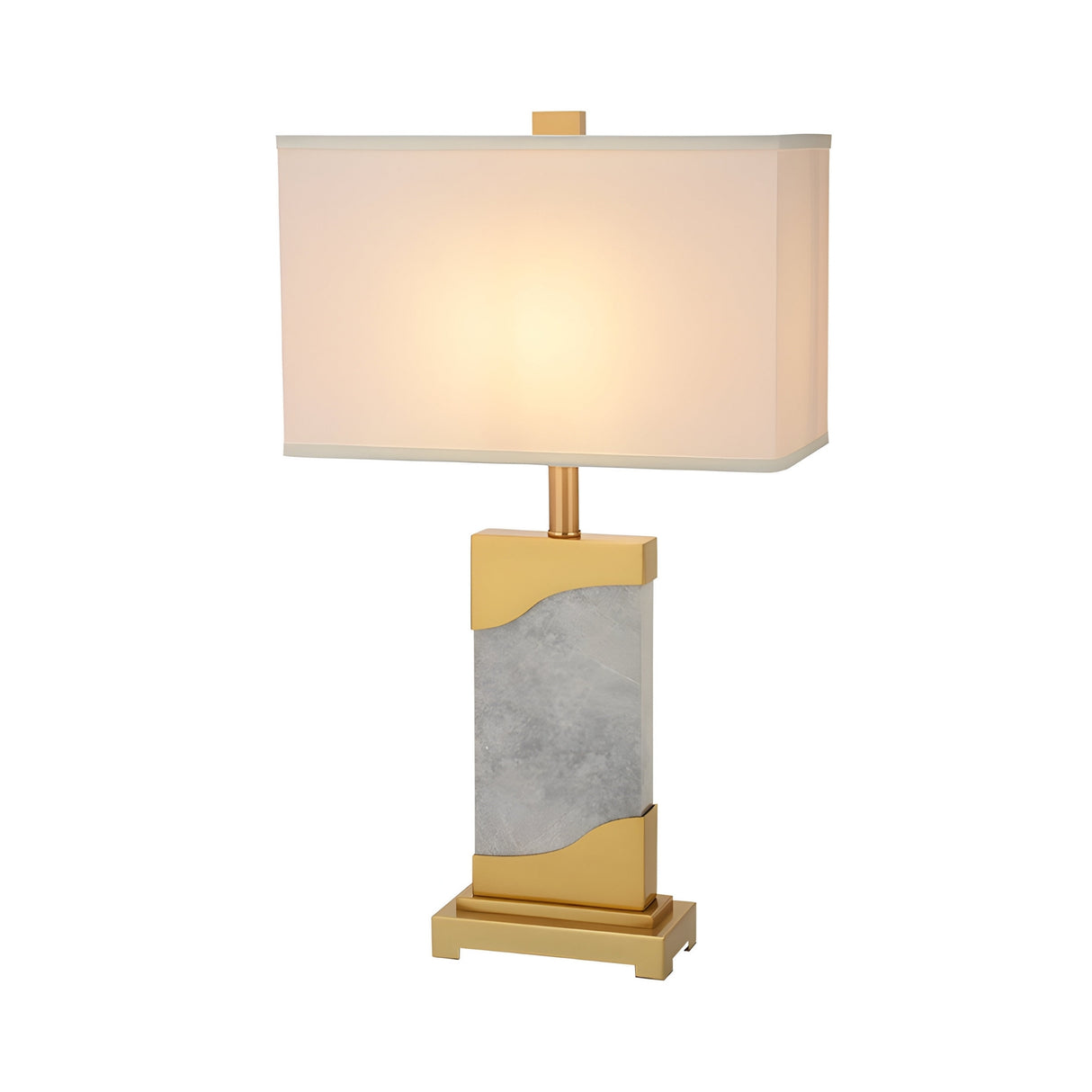 The Torvani 1 Light Statement Marble Table Lamp features a brass, grey, and white marble-style base with gold accents and a rectangular white shade, shown against a plain white background.