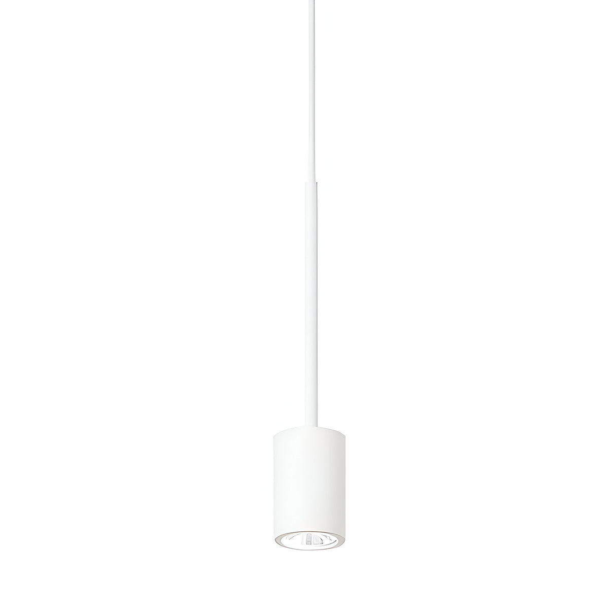 The Arclight LED 1 Light Cylinder Pendant - White, with its minimalist white cylindrical shade and thin rod suspension, showcases modern lighting and energy-efficient design against a plain white backdrop.