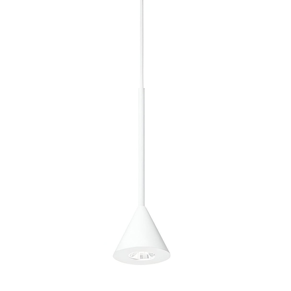 The Arclight LED 1 Light Cone Pendant - White features a conical shade suspended from the ceiling by a slender rod, providing sleek and modern appeal. Ideal for contemporary spaces, it merges functionality with simplicity, beautifully displaying the bulb beneath the shade.