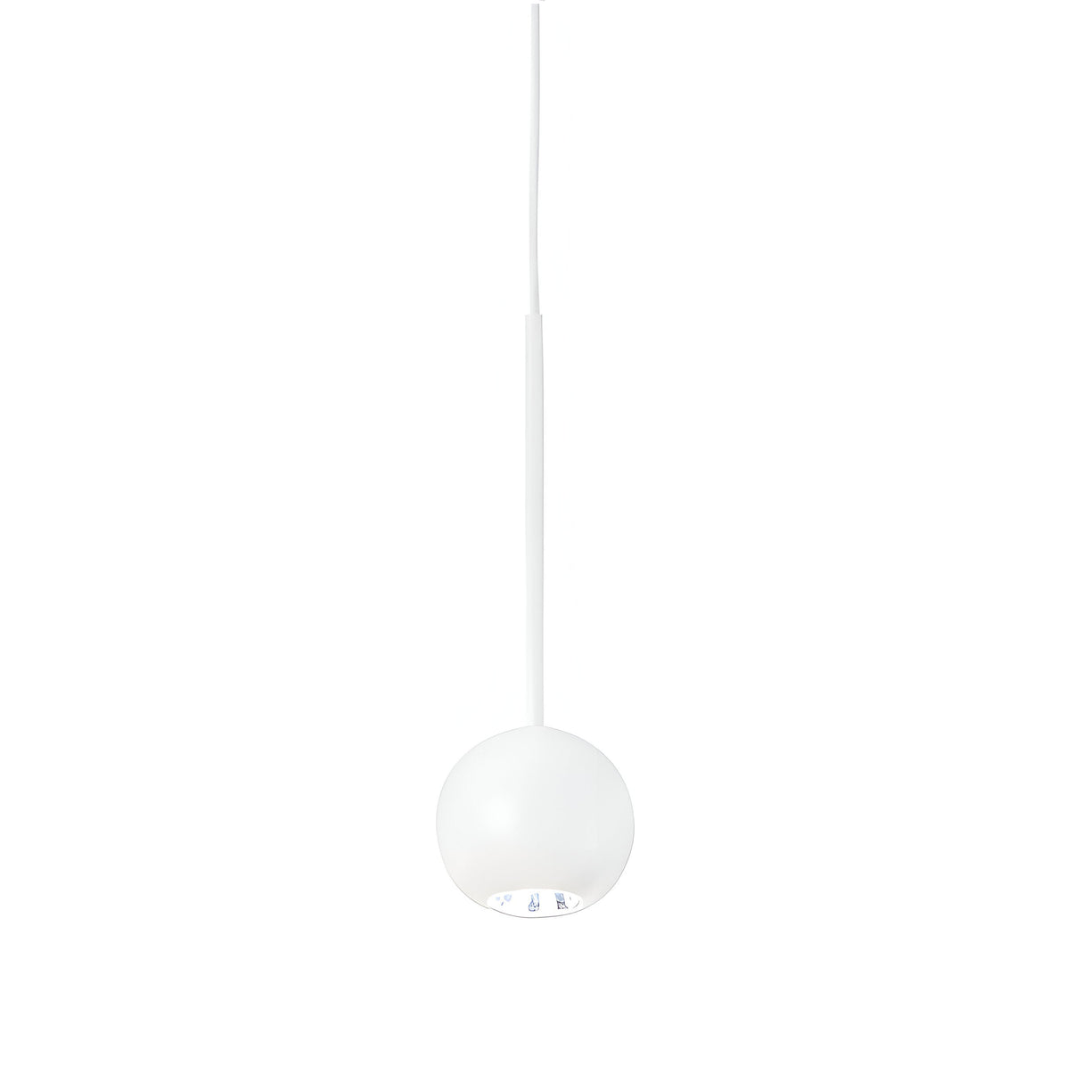 The Arclight LED 1 Light Sphere Pendant in white features a minimalist spherical shade that hangs elegantly from a long, slender cord against a simple white backdrop. Its efficient lighting gently illuminates downward, elevating the sleek and modern interior design.