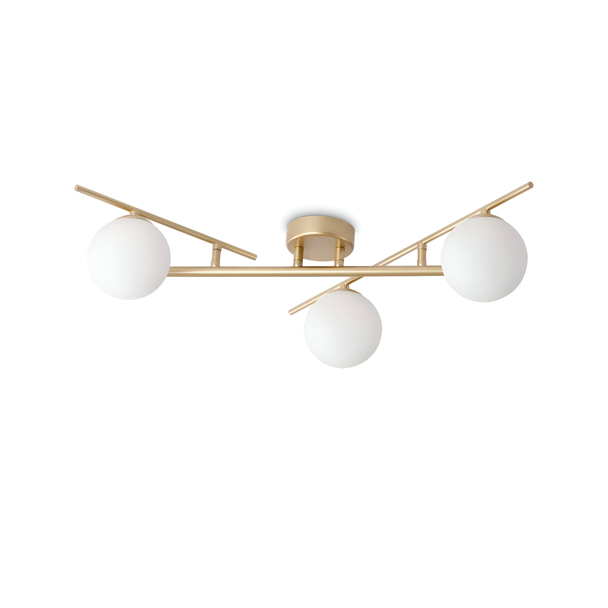 Introducing the Lucida 3 Light Semi Flush - Gold: a modern ceiling fixture featuring a minimalistic design with three spherical white glass shades and a sleek gold frame. This semi-flush light artfully balances evenly spaced shades along its horizontal structure, adding an elegant touch to any space.