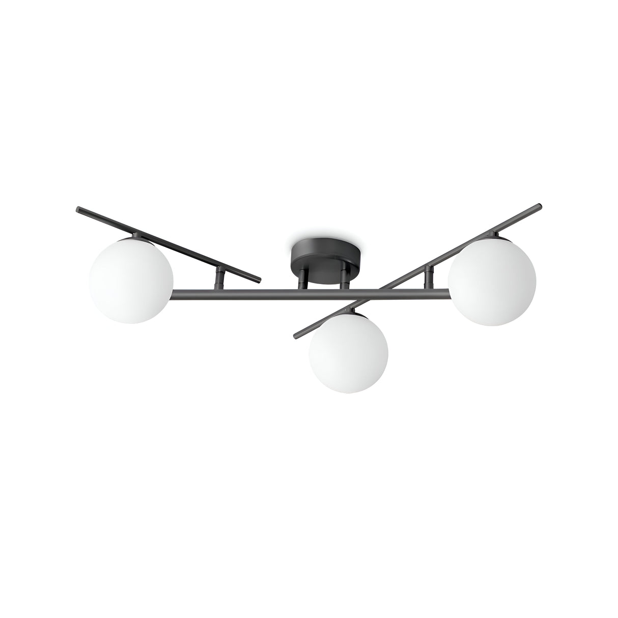 The Lucida 3 Light Semi Flush - Black is a contemporary lighting fixture that showcases three spherical white lampshades on an elegant black metal frame. Its semi-flush structure features a central circular base with two angled rods extending outward, each holding a lamp against a minimalist white backdrop.