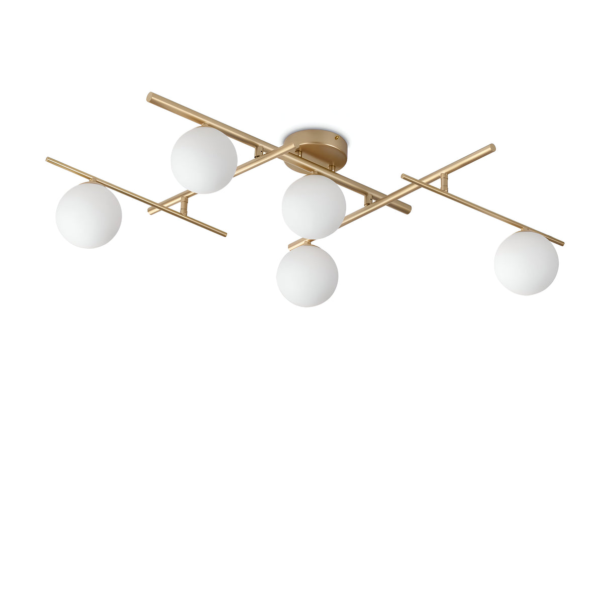 Introducing the Lucida 5 Light Semi Flush - Gold, a modern ceiling light fixture with a sleek metallic gold finish. It incorporates white blown glass diffusers arranged in a minimalist geometric pattern, effortlessly adding elegance to any room with its sophisticated design.