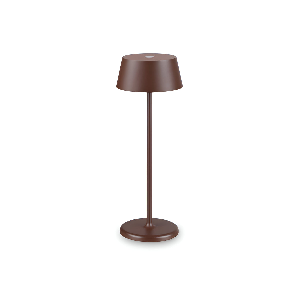 The Veloxis Outdoor LED Small Table Lamp 1.5W 3000K in brown showcases a sleek and modern design with a cylindrical base, slender stem, and dome-shaped shade. This weather-resistant lamp, perfect for outdoor settings, is highlighted with its minimalist aesthetic against a plain white background.