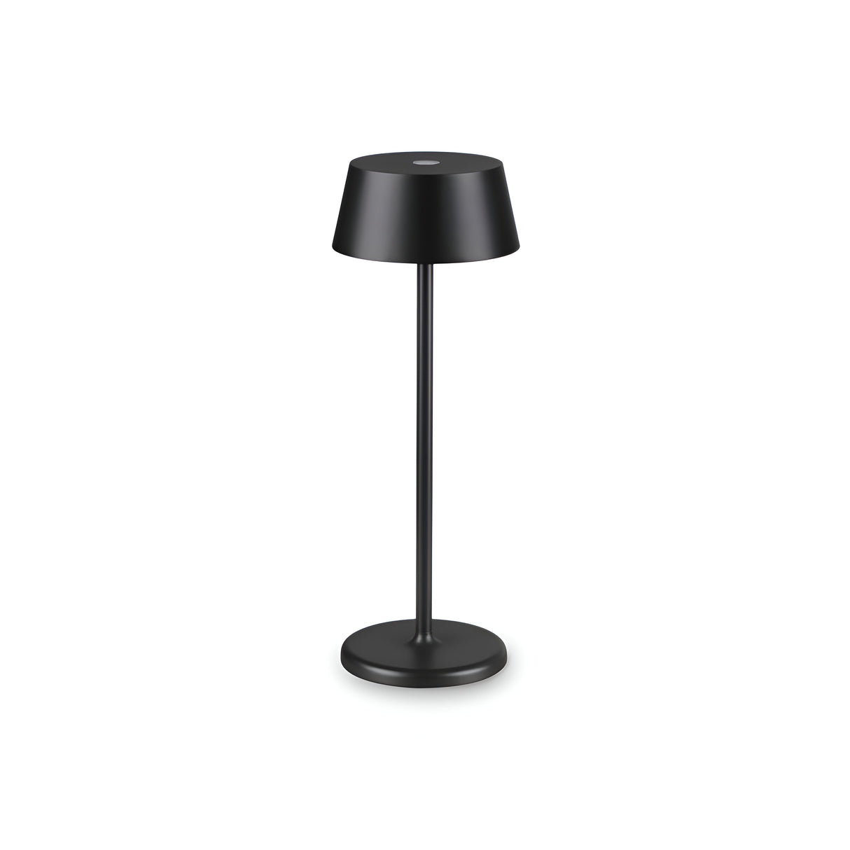 The Veloxis Outdoor LED Small Table Lamp in black features a sleek, modern design with a circular base and cylindrical stem supporting a wide, flat lampshade. Its minimalist aesthetics and rechargeable battery make it an elegant addition for versatile outdoor lighting against a white background.