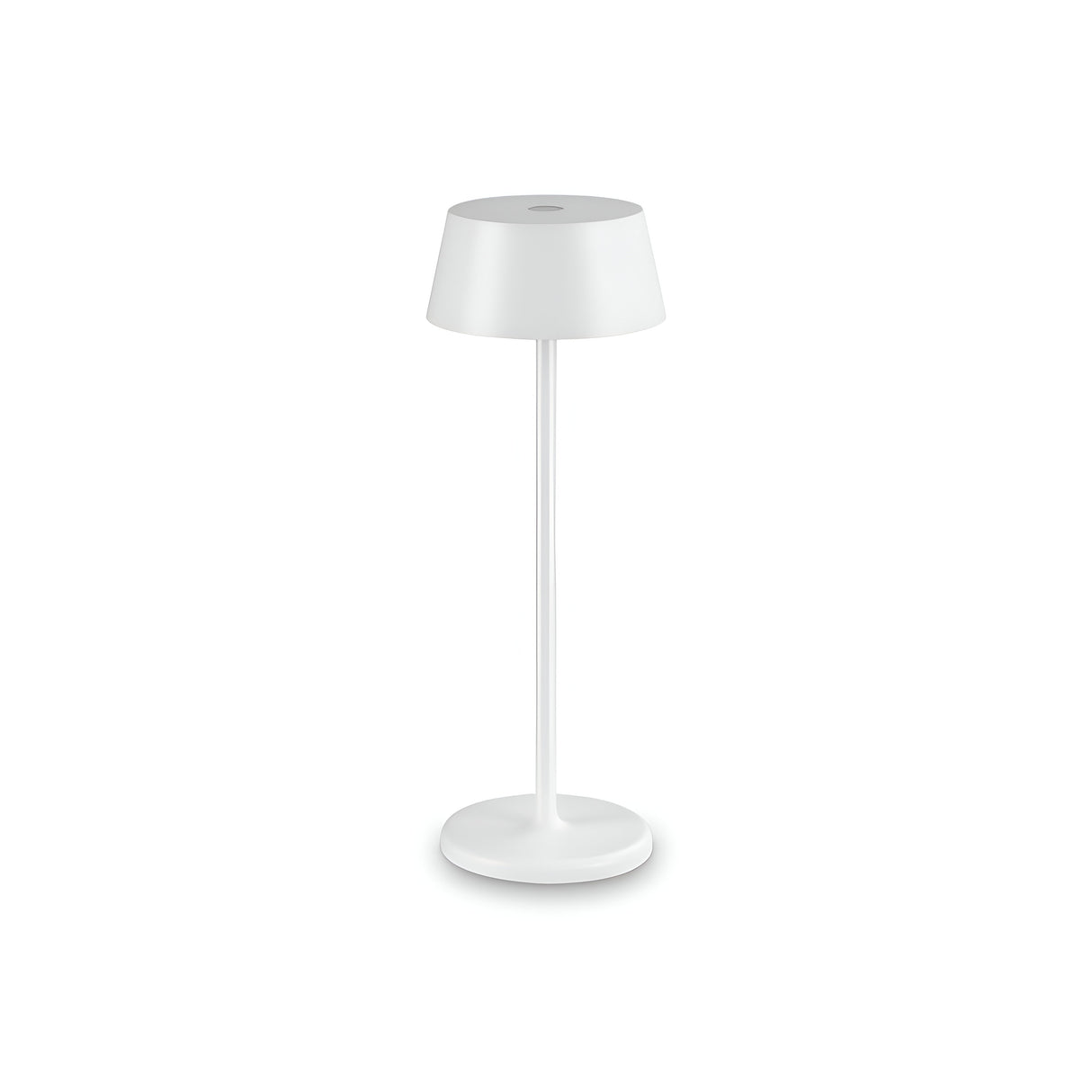 A sleek, minimalist modern design Veloxis Outdoor LED Small Table Lamp in white features a cylindrical base and a wide, flat lampshade with a rechargeable battery, set against a plain white background.
