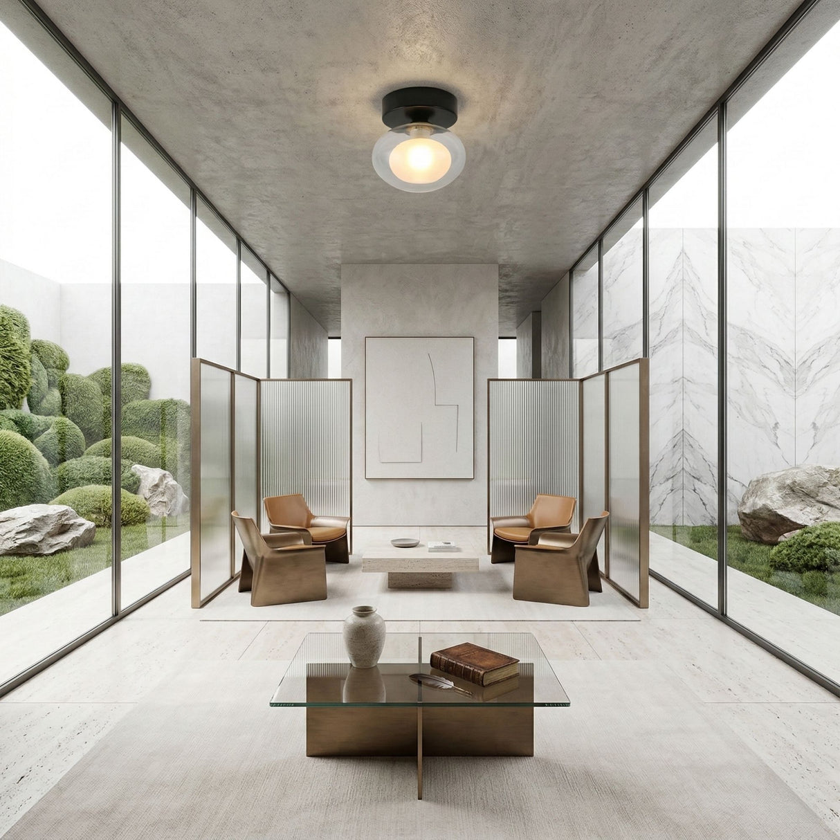 Minimalist modern room with glass walls, two tan chairs, a low table, and decorative screens. A Galaxy 1 Light Wall/Flush Ceiling Light - Black & White is centered above neutral furnishings. Sculpted greenery and rocks are seen outside.