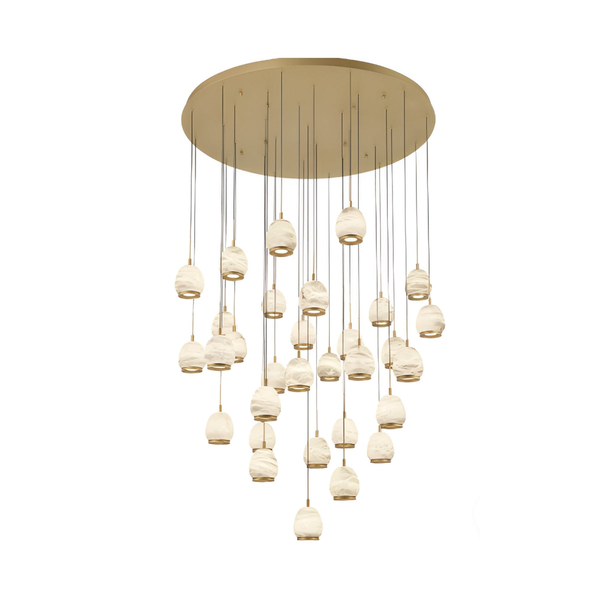 The Aurevia 31 Light LED Drop Alabaster Cluster Pendant Light in brushed brass features a round, flat base and multiple white pendants suspended at varying lengths, creating a sculptural, cascading chandelier effect.