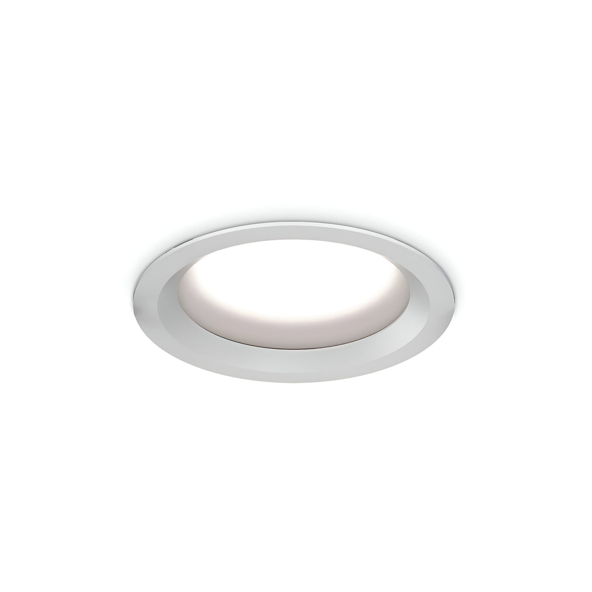 The Radiara-2 Round LED Recessed Downlight, with a 46mm size and 20W power output at 3000K, features a white minimalist design with a smooth, matte finish. It emits a soft, diffused glow, offering an energy-efficient lighting solution that complements contemporary interiors by emphasizing simplicity and functionality.