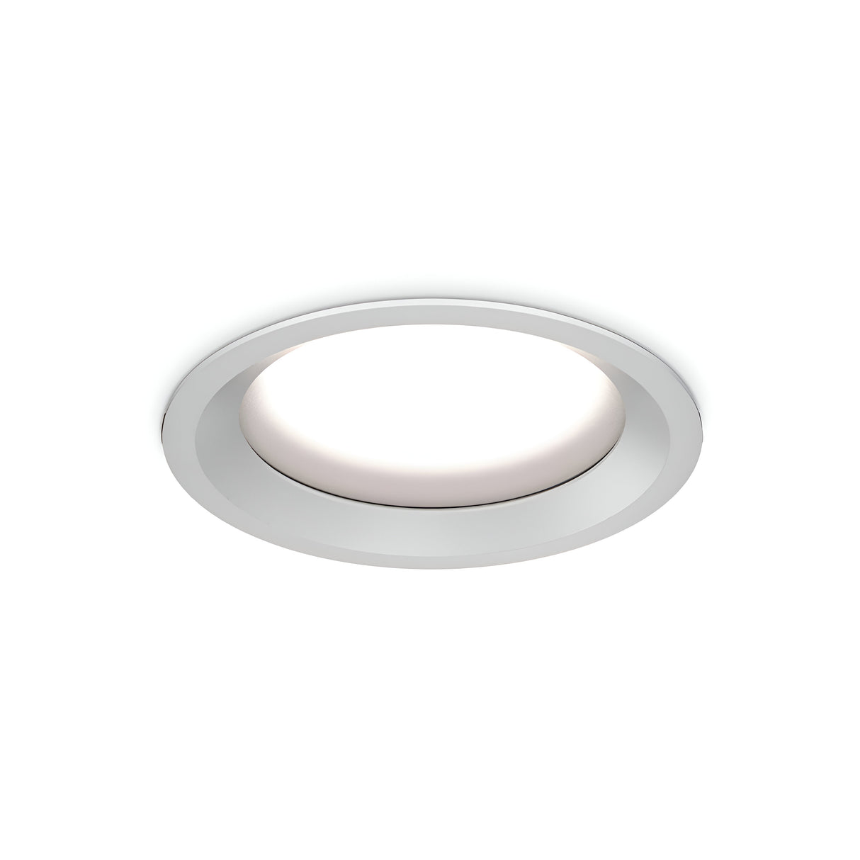 The Radiara-2 Round LED Recessed Downlight 60mm emits a gentle 3000K glow and features a modern white finish with a frosted diffuser, blending seamlessly into the ceiling to enhance any space with refined warmth.