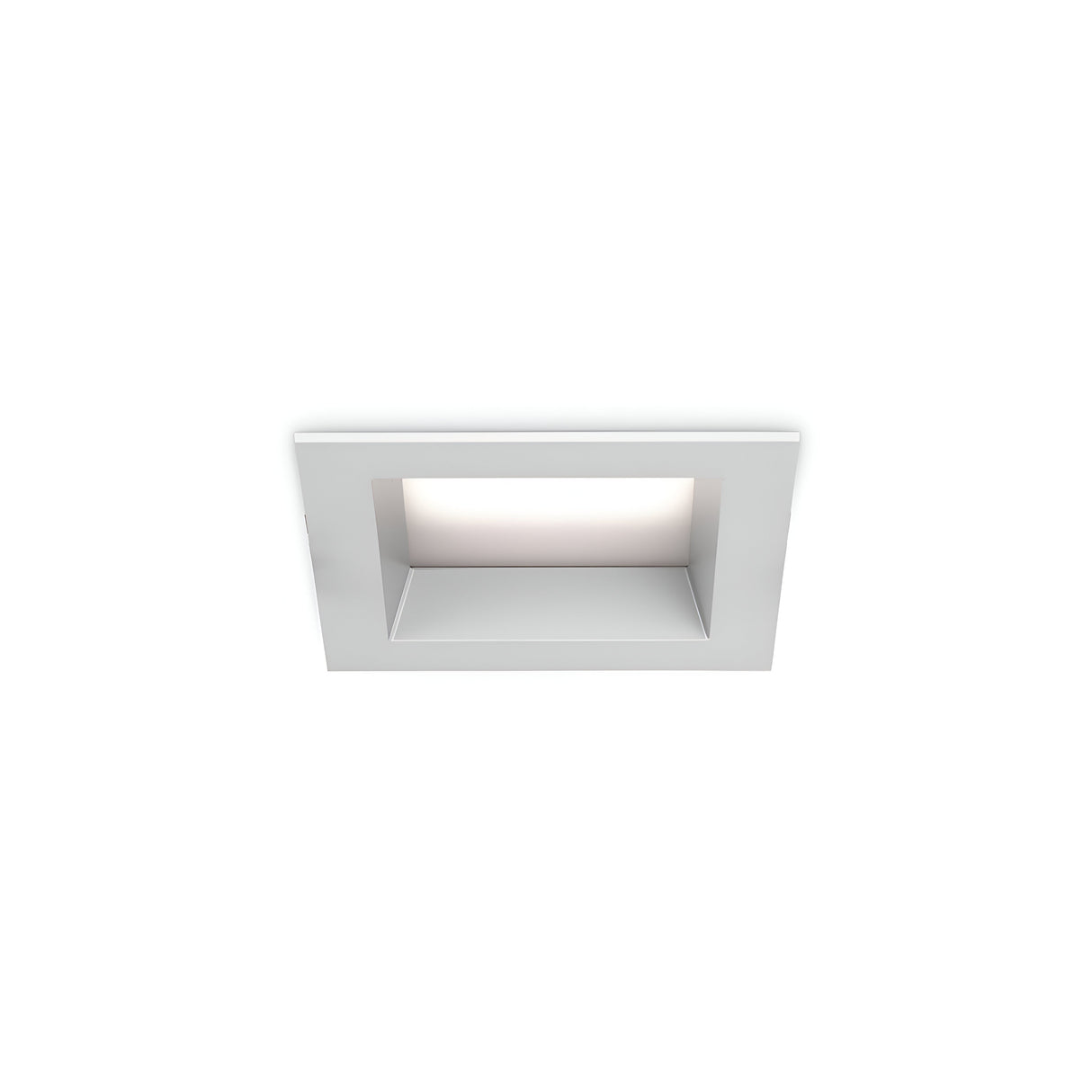 Presenting the Radiara-2 Square LED Recessed Downlight 120mm, a contemporary ceiling light fixture equipped with a 15W LED bulb and featuring a sleek white frame. It offers gentle lighting with a color temperature of 3000K, set against a simple white background.