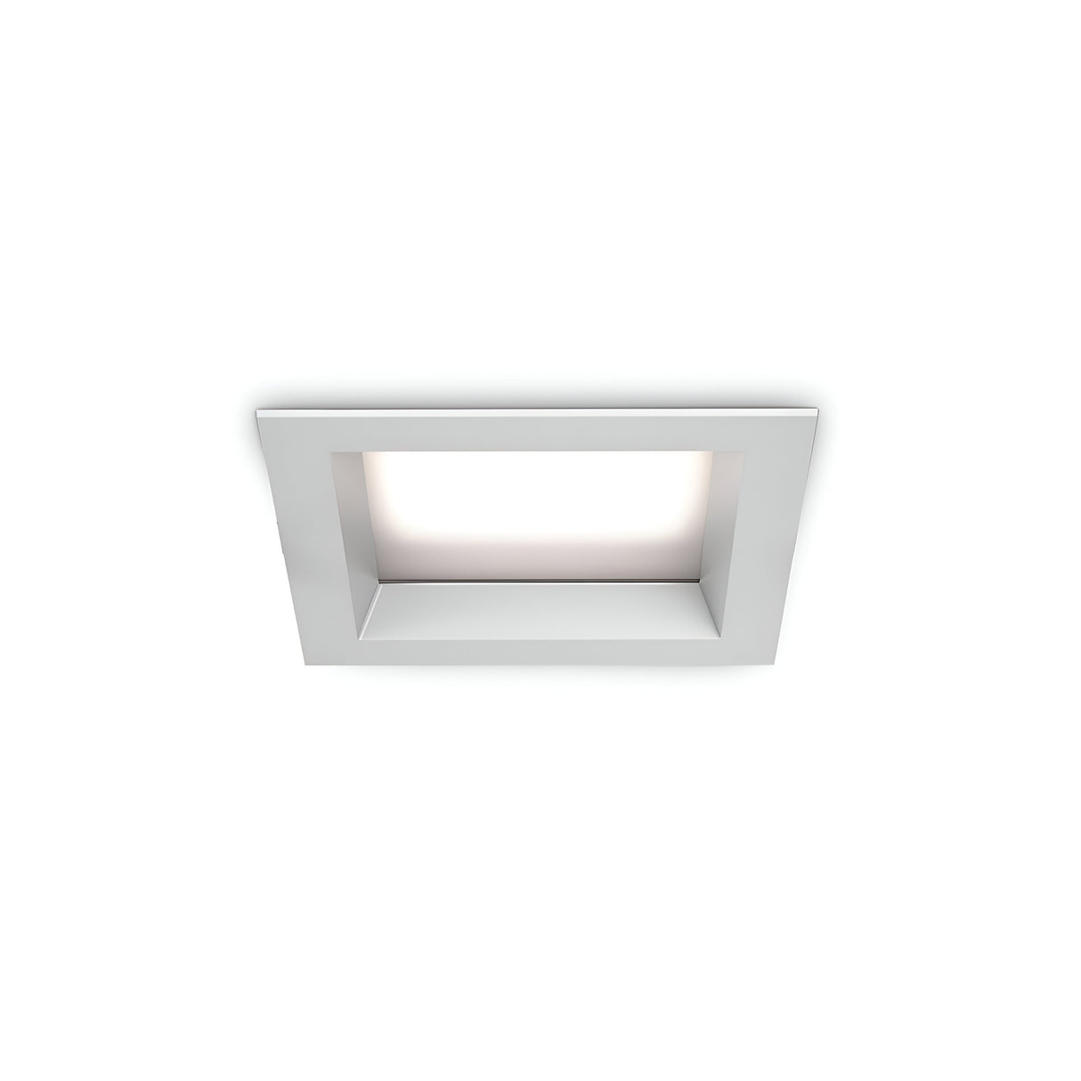 The Radiara-2 Square LED Recessed Downlight 167mm - 18W, 3000K, White is designed with a modern square frame and features an LED bulb that emits a soft white light. With its IP65 rating, this fixture seamlessly blends style and functionality in any environment.