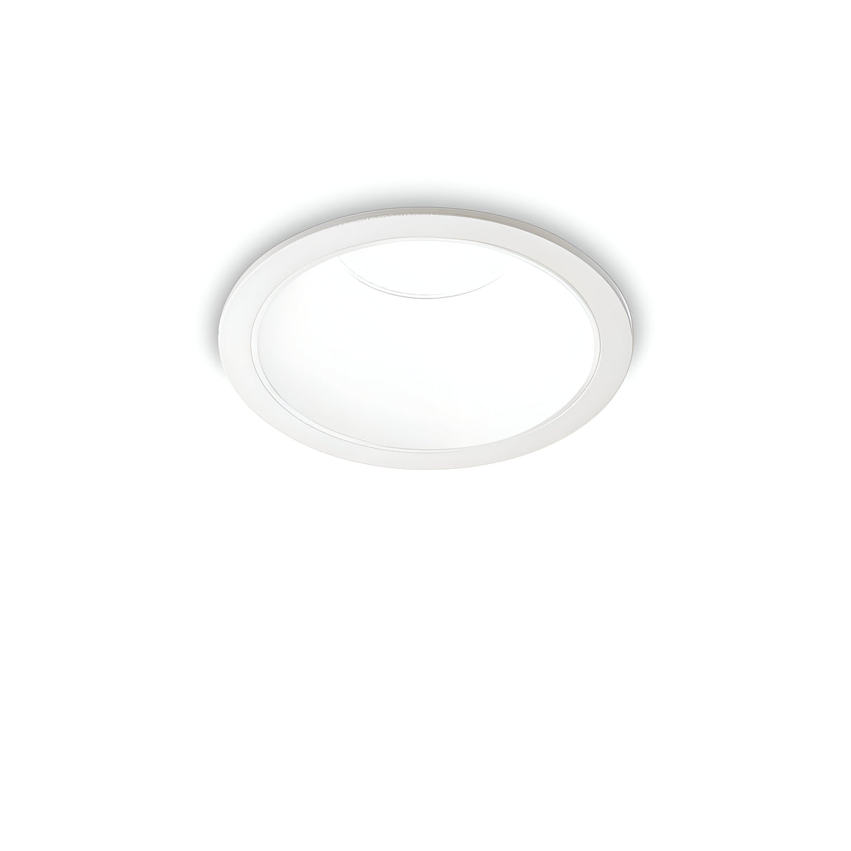 A Sally LED Round Recessed Trim Downlight in white is showcased against a plain background. Boasting a sleek and minimalistic design with a smooth outer rim, this downlight is IP65-rated and emits a warm 3000K glow.