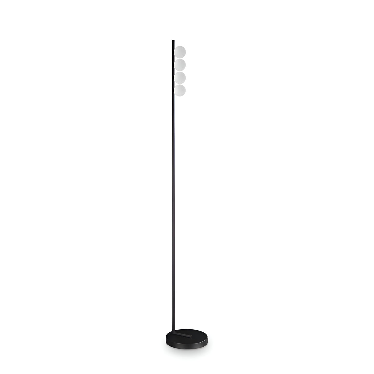The Lyrica LED Floor Lamp 12W 3000K in black showcases a minimalist design with a slim pole and energy-efficient LED lighting. It features three white, round lampshades arranged vertically near the top, complemented by a circular base that adds modern sophistication against a white background.