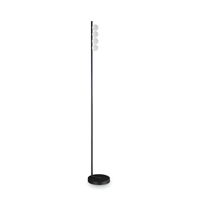 The Lyrica LED Floor Lamp 12W 3000K in black showcases a minimalist design with a slim pole and energy-efficient LED lighting. It features three white, round lampshades arranged vertically near the top, complemented by a circular base that adds modern sophistication against a white background.