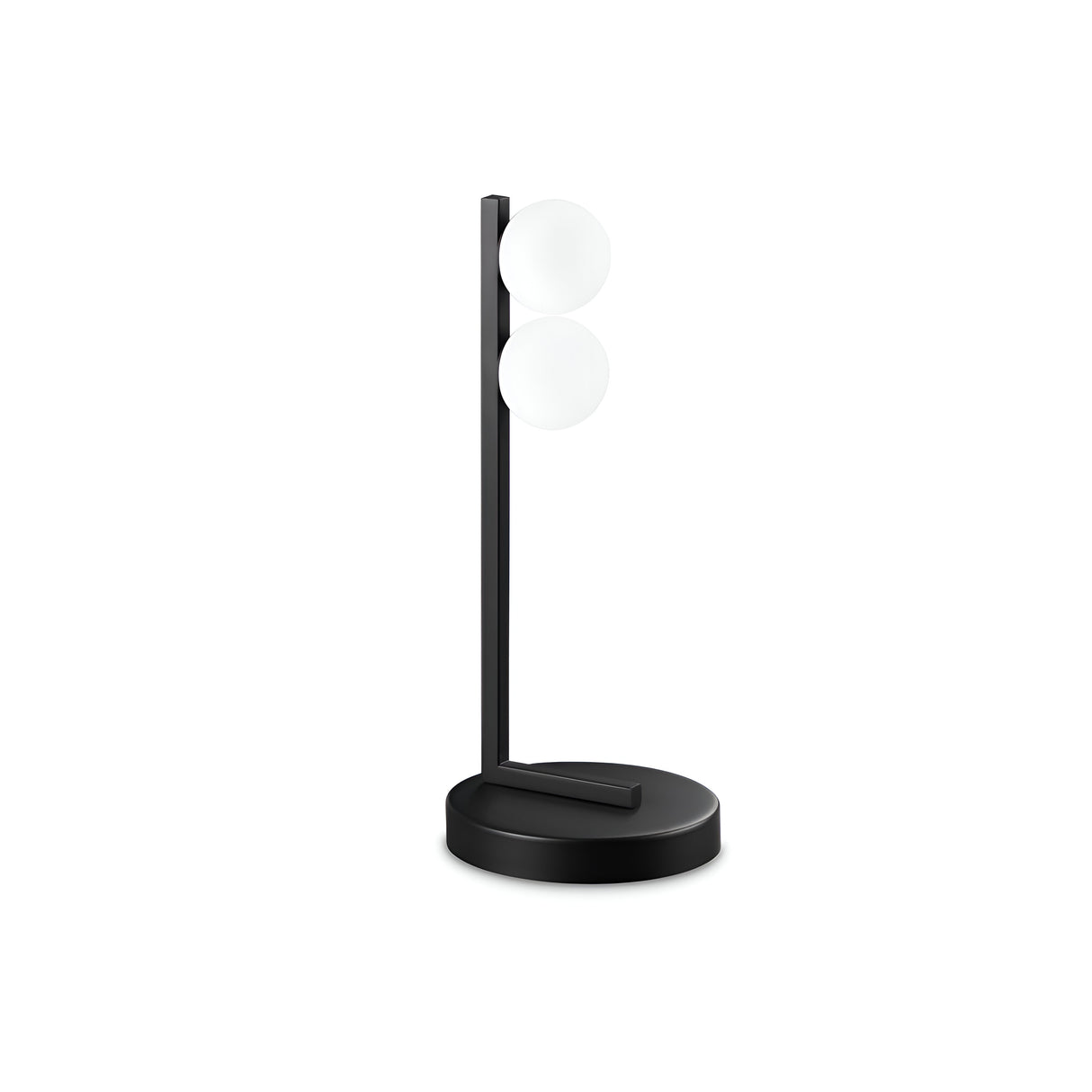The Lyrica LED Table Lamp 6W 3000K in black boasts a sleek design, radiating contemporary elegance with its two white spherical bulbs aligned vertically on a slim stand and circular base.