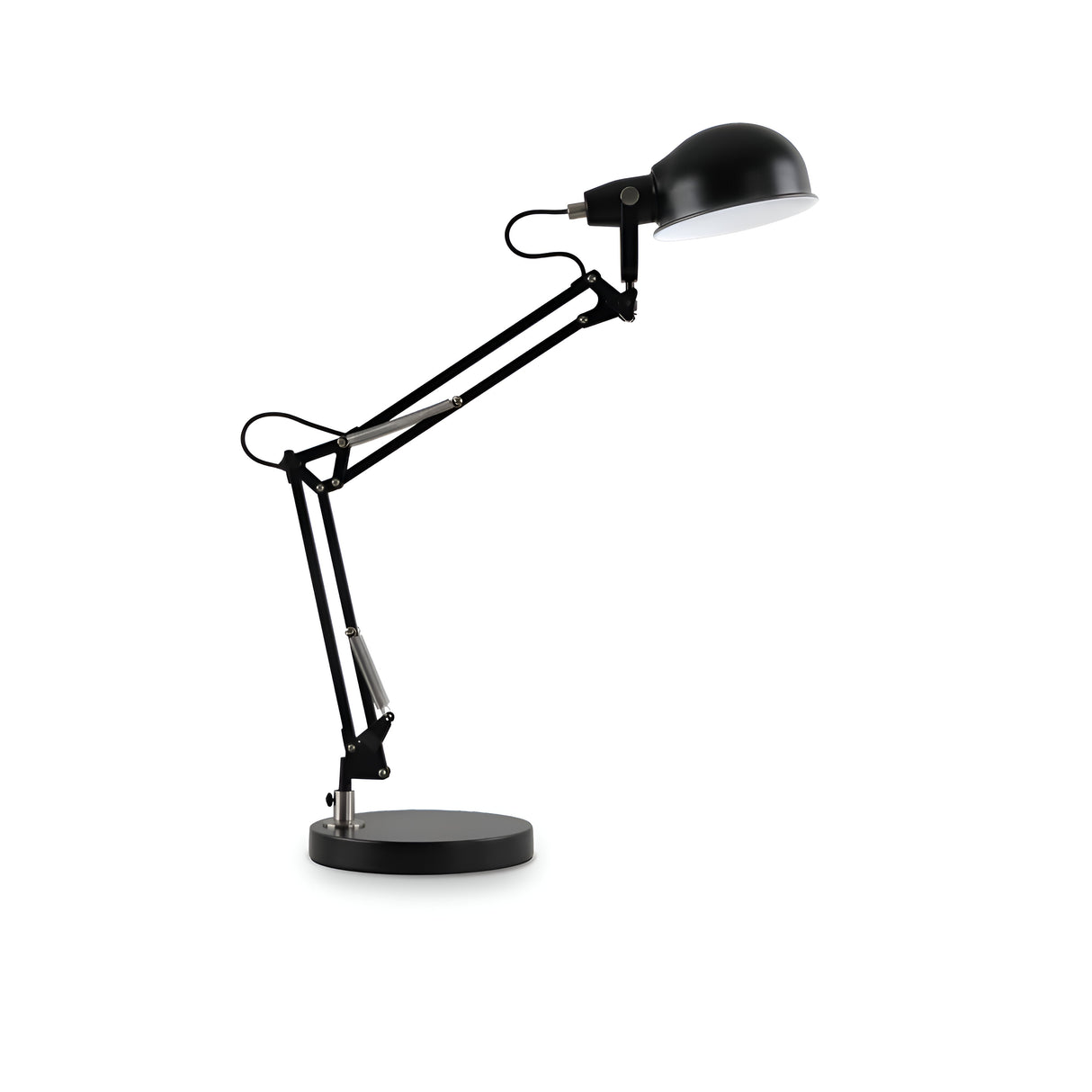 The Orlix Table Lamp - Black showcases a contemporary design with its adjustable arm, sleek black finish, dome-shaped head, and metal joints for versatile positioning. Its side profile against the plain white background emphasizes its modern aesthetic.