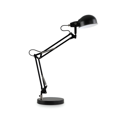 The Orlix Table Lamp - Black showcases a contemporary design with its adjustable arm, sleek black finish, dome-shaped head, and metal joints for versatile positioning. Its side profile against the plain white background emphasizes its modern aesthetic.