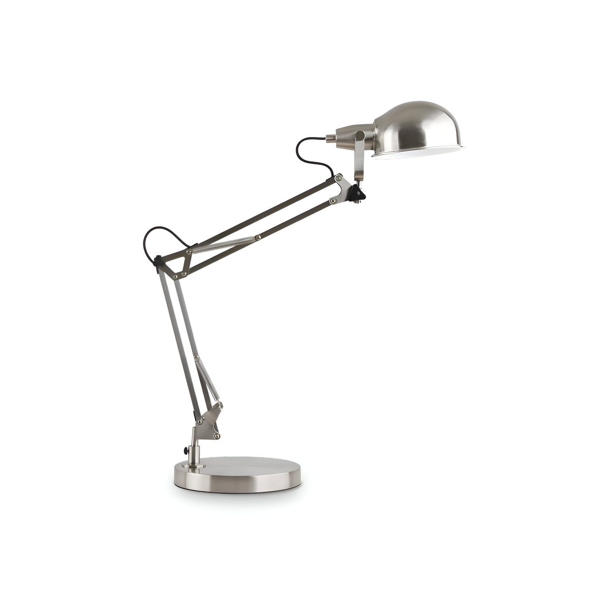 The Orlix Table Lamp - Silver boasts a contemporary and stylish design, featuring a silver finish, an adjustable arm, and a dome-shaped shade on a circular base. It stands elegantly against a plain white background.