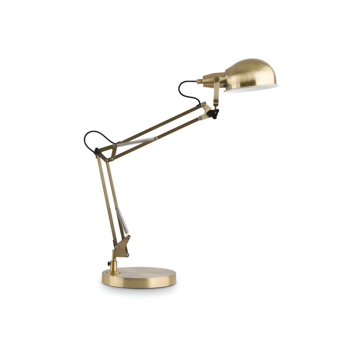 The Orlix Table Lamp - Brass showcases a contemporary design with its modern, adjustable brass finish, dome-shaped shade, and articulated arm. It is anchored on a circular base for an elegant touch.