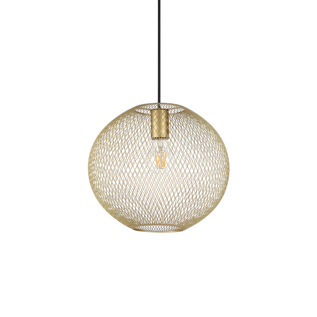 The Aeron 1 Light Pendant - Gold, 28cm showcases a spherical shade crafted from gold-tone metal, revealing the bulb within and suspended by a black cord against a white backdrop. Its modern aesthetic is accentuated by the geometric design that forms an intricate pattern surrounding the bulb.