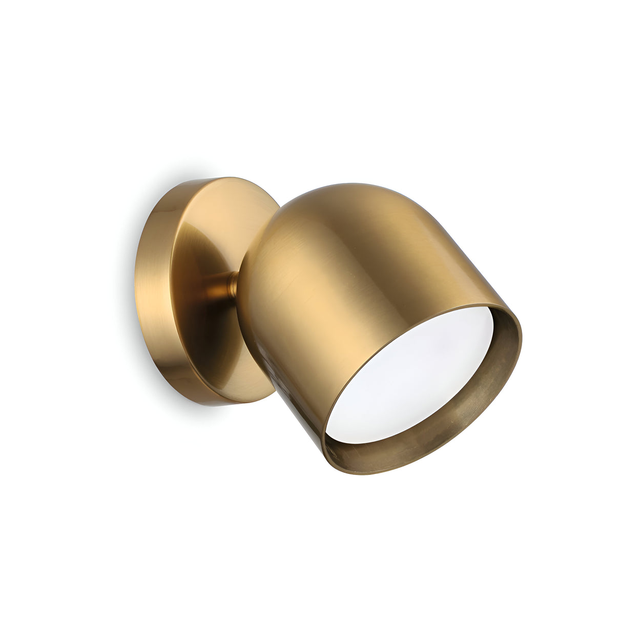 The Fable LED Single Spotlight - Brass, with its cylindrical design and gold-colored brass finish, is mounted on a circular base and provides elegant accent lighting against a plain white background.