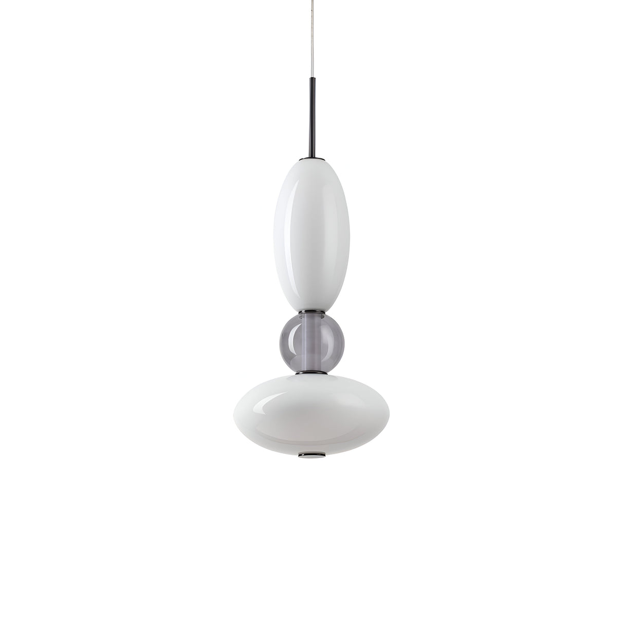Introducing the Gleara 1 Light LED Pendant, featuring an elegant, minimalist design with a white elongated oval shape complemented by a gray spherical element and a larger white rounded base. This 27W LED light fixture offers energy-efficient lighting at 3000K, suspended gracefully by a thin black cord.