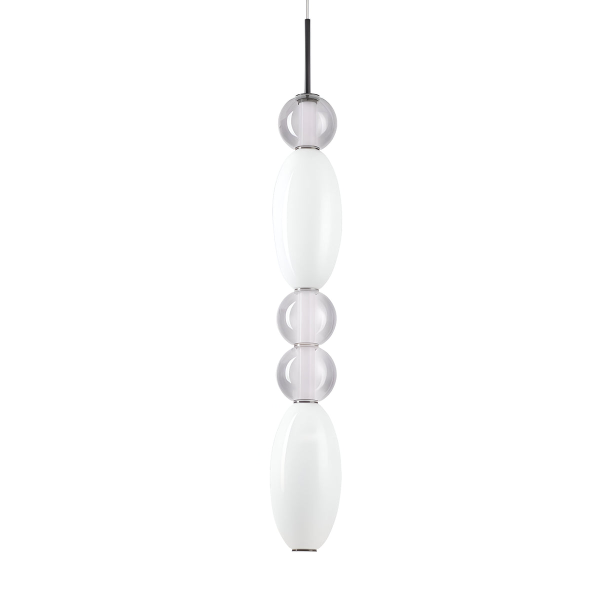 The Gleara 1 Light LED Pendant, featuring a sleek design with alternating clear and opaque white oval shapes, is suspended from a black cord. This modern pendant light embodies a minimalist aesthetic and incorporates LED technology for enhanced energy efficiency with a 39W output at 3000K.